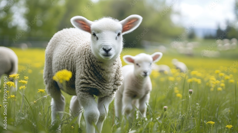 Fototapeta premium charm of sheep and baby lambs feeding in vibrant green meadows, creating a pastoral image of serene rural life and sustainable farming