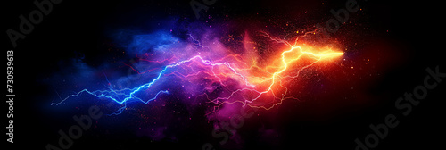 Lightning illustration, colorful wide format image on black background. 