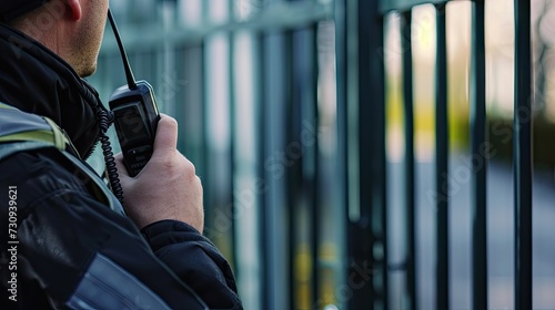 A vigilant security guard close-up with a walkie-talkie at a new gate, symbolizing enhanced safety and access control services