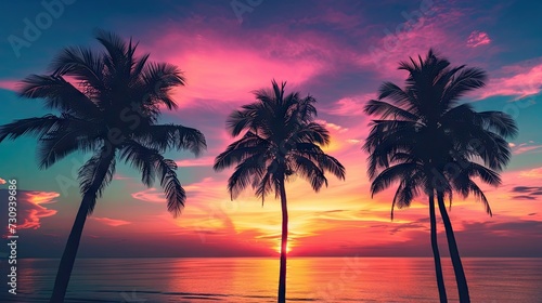 A captivating silhouette of palm trees against a tropical beach sunset, evoking the serene beauty of a coastal paradise © Светлана Канунникова