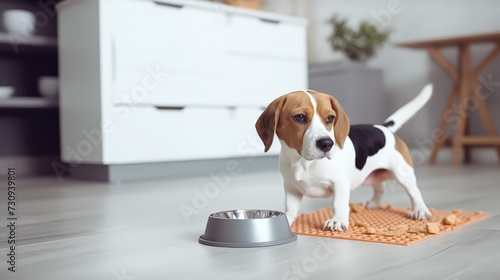 Dog with bowl in Kitchen Feed and eat Food ,Pet Shop, Pet Food