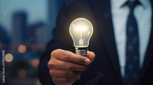  Close up Businessman hand hold light bulb having new Ideas and projects for business. concept for idea, innovation and inspiration, cropped