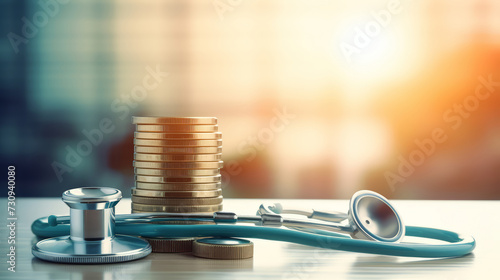 A Financial health , stethoscope weaving with stack of coins money. concept of healthcare expense ,inflation and Recession economic photo