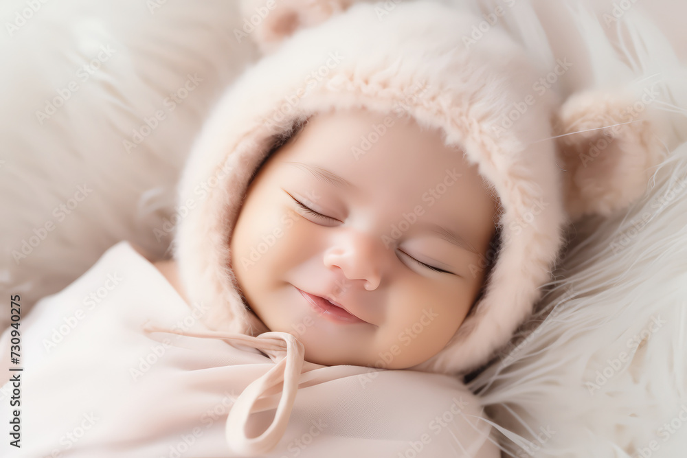 Sleeping newborn baby in wrap and hat . Beautiful portrait of little child girl . Sleeping newborn baby in wrap and hat . Beautiful portrait of little child girl .