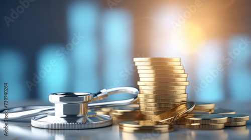 Financial health , stethoscope weaving with stack of coins money. concept of healthcare expense ,inflation and Recession economic