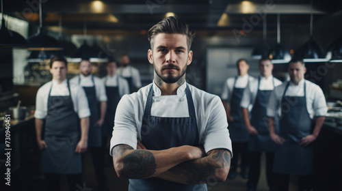 Fototapeta Naklejka Na Ścianę i Meble -  Young Chef standing arms crossed with his team in the kitchen