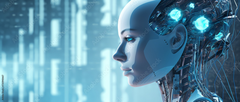 Robot cyborg woman with a wires sticking out in flow of digital information. humanoid with artificial intelligence. Automaton machine and  AI processes data.