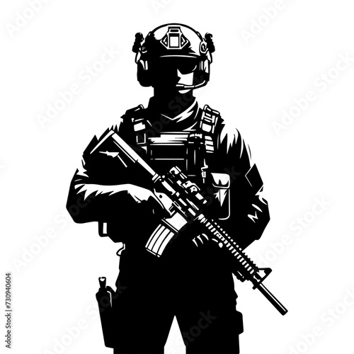 Modern military soldier equipped with combat gear. Monochrome clip art vector illustration