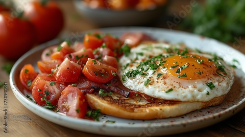 Harvest Breakfast: A Gastronomic Symphony of Sunlit Eggs, Tangy Tomatoes, and Crispy Toast. Generative AI.