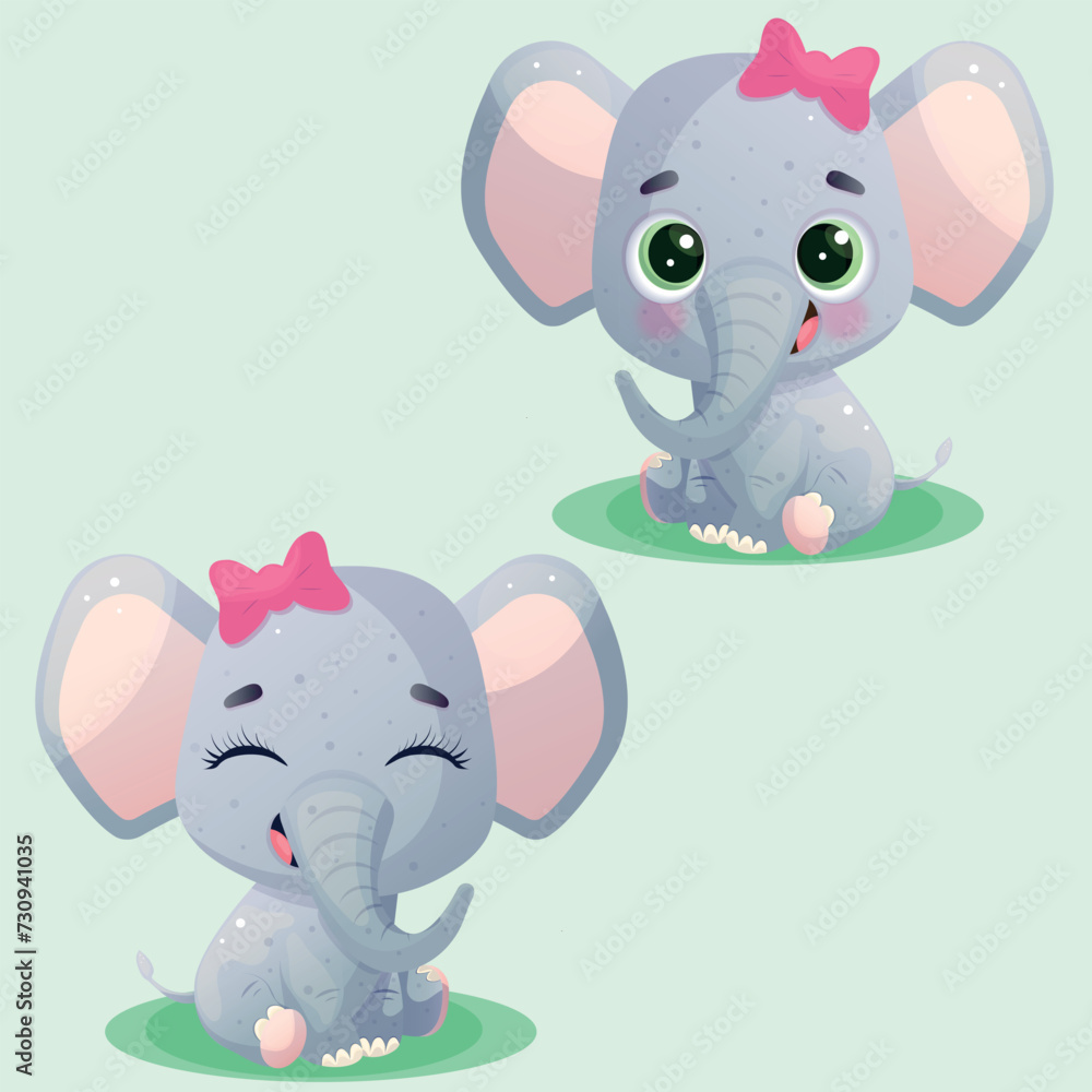 Set of cartoon cute baby elephants