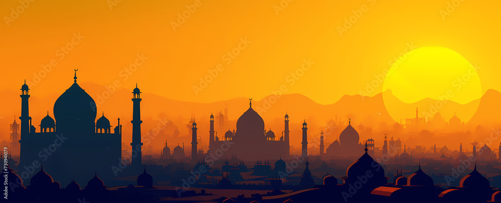 Obraz premium Silhouette silhouette of the muslim mosque and sunset