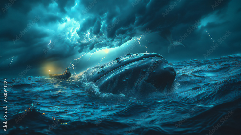 Fototapeta premium midnight over the sea with blue whale and fisherman