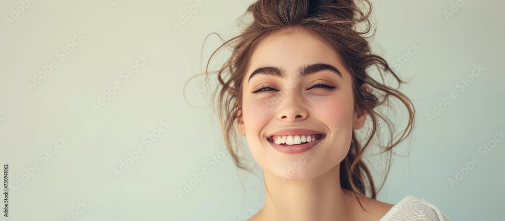 A happy woman with blond hair in a bun is smiling with her eyes closed, revealing her beautiful eyelashes. A happy woman with blond hair in a bun is smiling with her eyes closed, revealing her beautiful eyelashes.