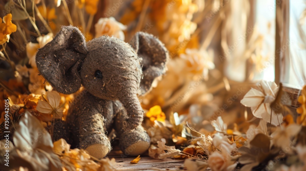 closeup photography Elephant doll, highlighting its adorable trunk and gentle demeanor, arranged in a whimsical savannah-inspired scene