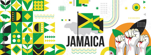 Jamaica national or independence day banner for country celebration. Flag and map of Jamaicans with raised fists. Modern retro design with typorgaphy abstract geometric icons. Vector illustration 