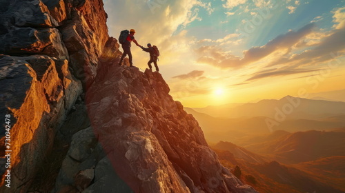 Hiker helping friend reach the mountain, Holding hands and walking up the mountain