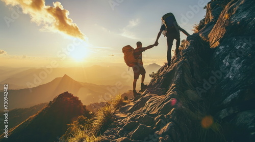 Hiker helping friend reach the mountain, Holding hands and walking up the mountain photo