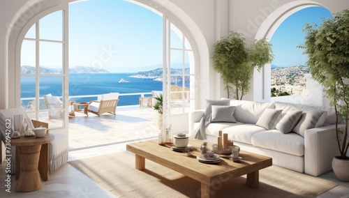 Salon moderne et luxueux avec vue sur la mer. Vacances de r  ve.