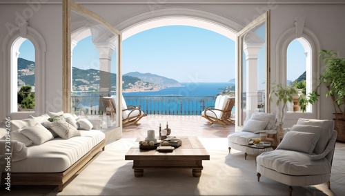 Salon moderne et luxueux avec vue sur la mer. Vacances de rêve. photo
