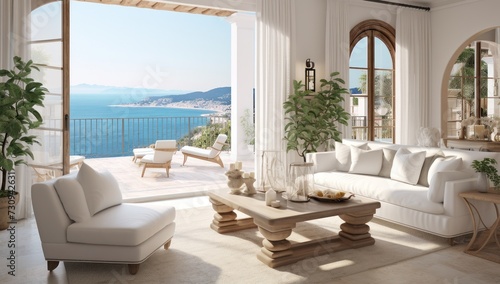 Salon de luxe, moderne avec vue sur la mer. Vacances de rêve.