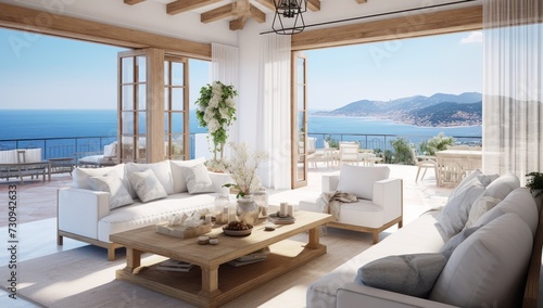 Salon moderne et luxueux avec vue sur la mer. Vacances de rêve. © David Giraud