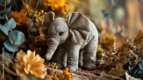 closeup photography Elephant doll, with its adorable trunk and gentle demeanor, arranged in a whimsical savannah-inspired scene