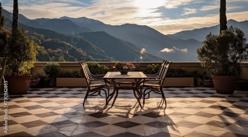D  cor ext  rieur  terrasse avec table et chaises  vue sur montagnes.