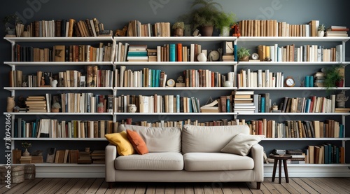 Intérieur d'un salon avec grande bibliothèque et canapé. photo