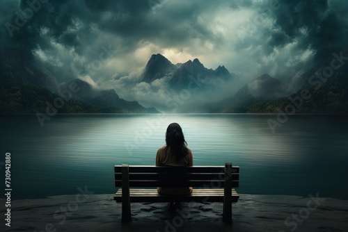 Une femme de dos, assise sur un banc regardant le paysage, lac, forêt et montagnes, ciel brumeux © David Giraud