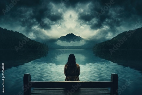 Une femme de dos, assise sur un banc regardant le paysage, lac, forêt et montagnes, ciel brumeux