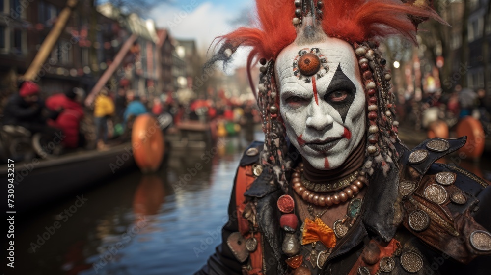Crimson Carnival: A Mysterious Man Embracing His Inner Joker. Generative AI. Crimson Carnival: A Mysterious Man Embracing His Inner Joker. Generative AI.