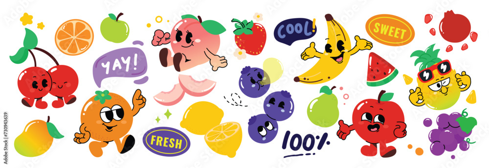 Obraz premium Set of fresh fruit groovy element vector. Funky fruits character design of banana, lemon, apple, strawberry, peach, orange. Summer juicy illustration for branding, sticker, fabric, clipart, ads.