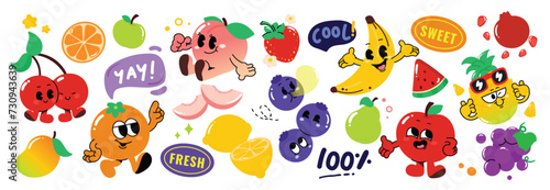 Set of fresh fruit groovy element vector. Funky fruits character design of banana, lemon, apple, strawberry, peach, orange. Summer juicy illustration for branding, sticker, fabric, clipart, ads.