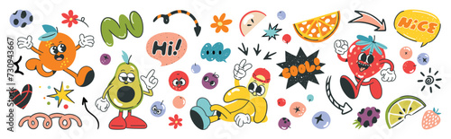 Set of fresh fruit groovy element vector. Funky fruits character design of banana, orange, strawberry, avocado. Summer juicy illustration for branding, sticker, fabric, clipart, ads.