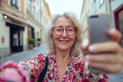 Senior caucasian woman taking selfie with smartphone at street in summer vacation.