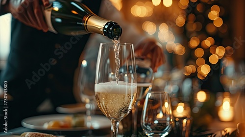 moment as a waiter expertly pours champagne, enhancing the festive atmosphere at a special event with refined service photo