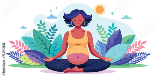 Happy and healthy pregnancy concept. Pregnant woman doing yoga exercises for health and relaxation. Illustration vector isolated on white