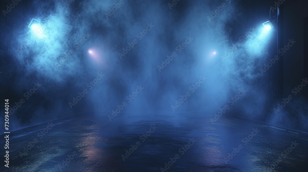 A dark empty street, dark blue background, an empty dark scene, neon light, spotlights The asphalt floor and studio room with smoke float up the interior texture. night view 