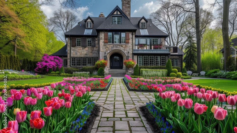 A burst of color with beautiful tulips enhancing the front of a charming suburban home