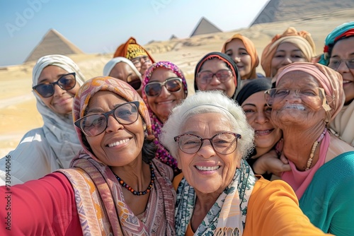 Group of senior arabian female friends taking selfie in summer vacation at The Pyramids of Giza.