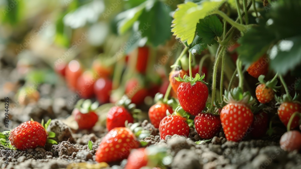 closeup photography Strawberry, capturing its vibrant red color and sweet appearance, arranged in a dollhouse-inspired berry garden scene closeup photography Strawberry, capturing its vibrant red color and sweet appearance, arranged in a dollhouse-inspired berry garden scene