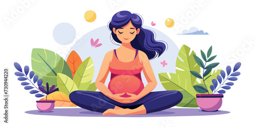 Happy and healthy pregnancy concept. Pregnant woman doing yoga exercises for health and relaxation. Illustration vector isolated on white