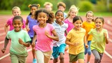 Diverse group of children filled with joy and energy running on athletic track, children healthy active lifestyle concept
