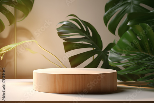 3d render background with circular wooden podium and tropical plants, realistic photo © PD