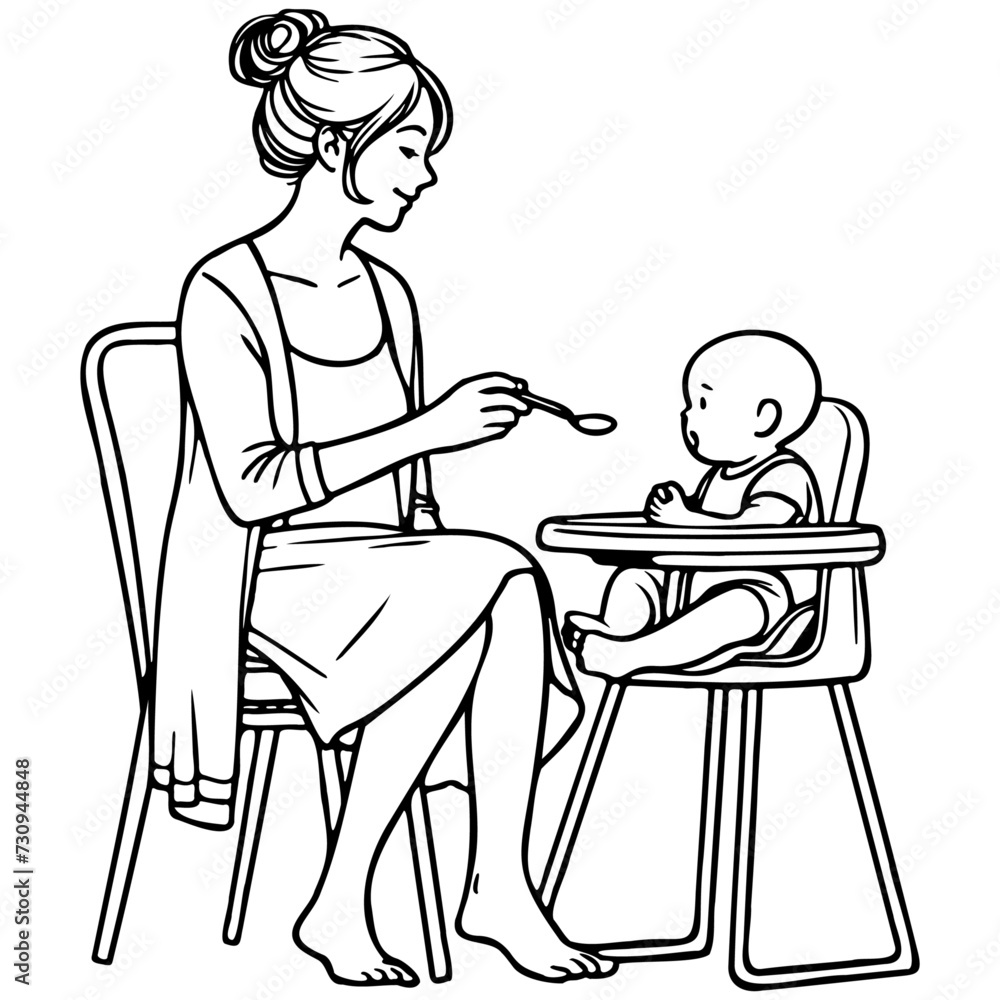 Mother Feed Baby Food Line Drawing.