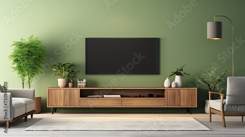 modern living room decor with a TV cabinet against a green wall background.