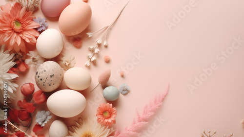 top view realistic colored egg and flowers, easter background, holiday photo 