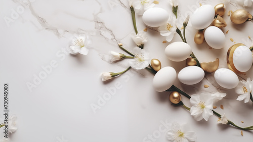 top view realistic colored egg and flowers, easter background, holiday photo  © PD