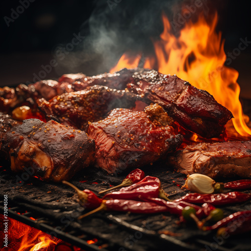 meat steak grill restaurant food, black background, realistic photo