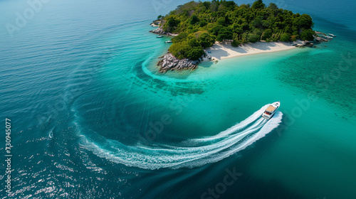Boat,  spiral trail on the water. Travel concept. 